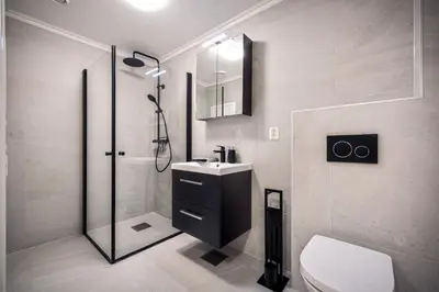 a bathroom with a shower and a sink and a toilet at Meltzers Apartments in Bergen