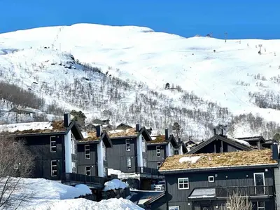 a group of houses in the snow with a snow covered mountain at Lovise Mountain Apartment in Stranda