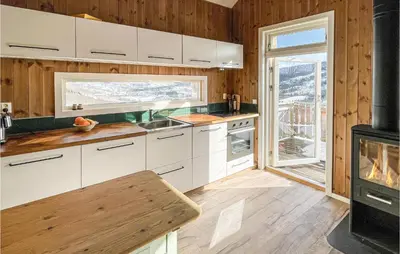 a kitchen with white cabinets and a stove with a fireplace at Stunning Home In Ålen in Ålen