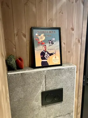 a picture of a movie on top of a fireplace at Norebu - Norefjell in Noresund