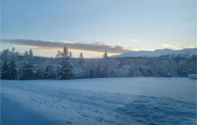 a snow covered field with trees and mountains in the background at Gorgeous Apartment In Espedalen in Espedalen